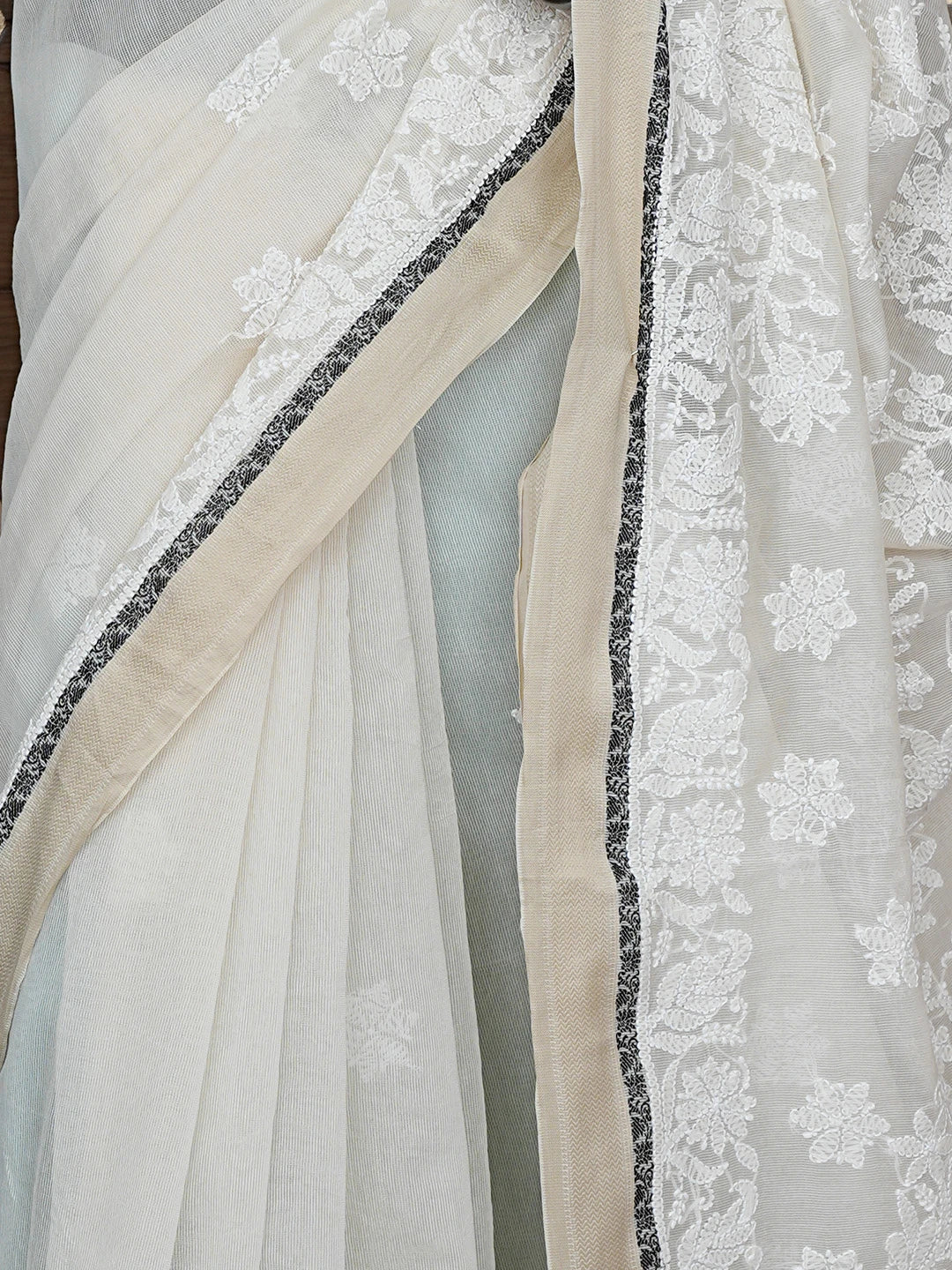 Ada Hand Embroidered Cream Chanderi Lucknowi Chikankari Saree With Blouse 01A863331