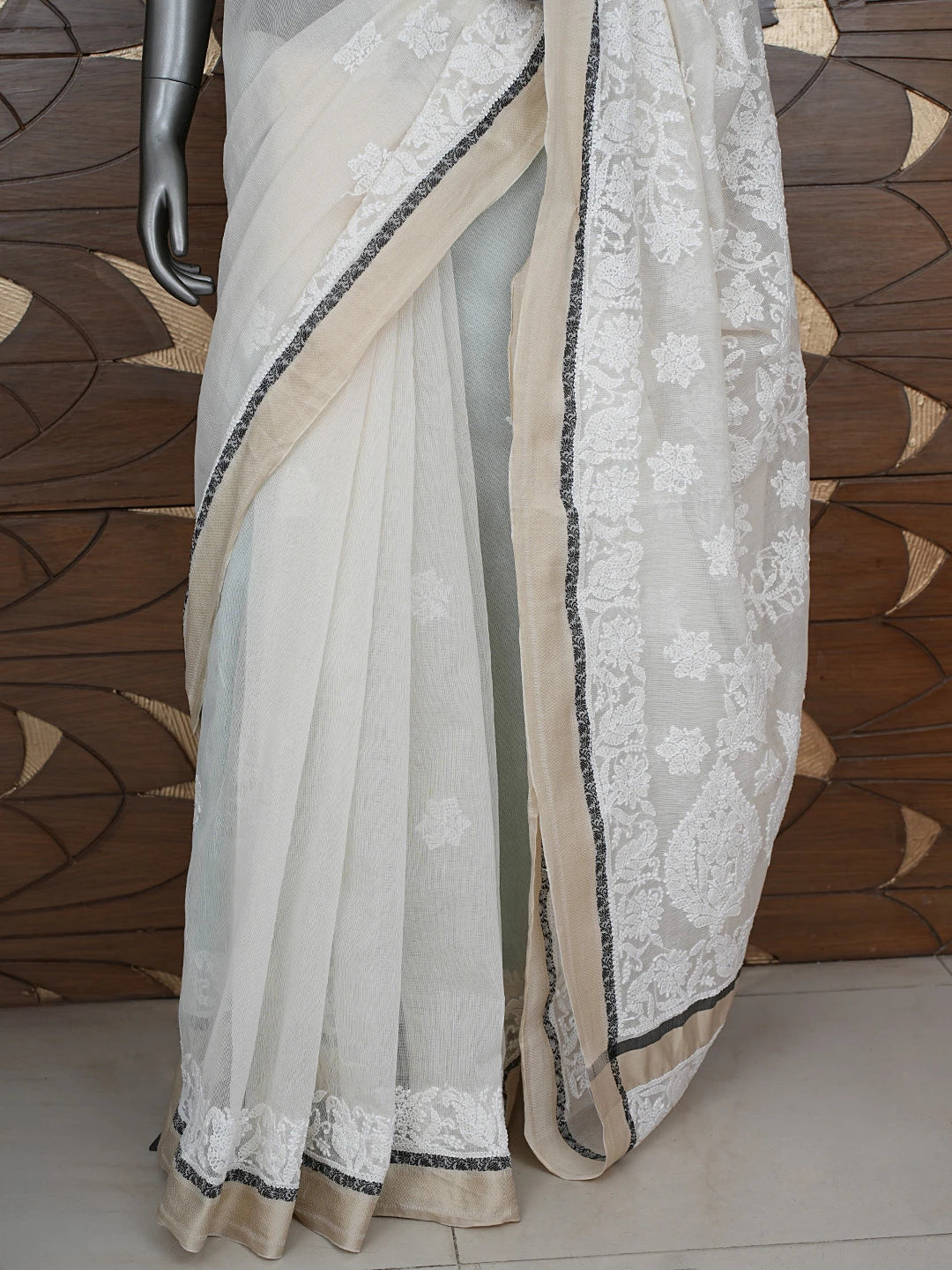 Ada Hand Embroidered Cream Chanderi Lucknowi Chikankari Saree With Blouse 01A863331