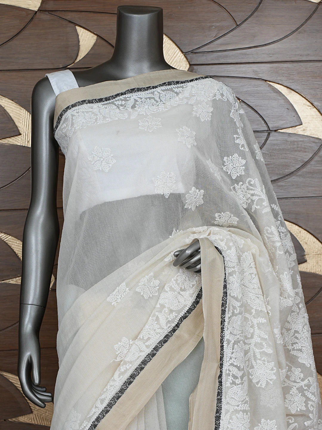 Ada Hand Embroidered Cream Chanderi Lucknowi Chikankari Saree With Blouse 01A863331