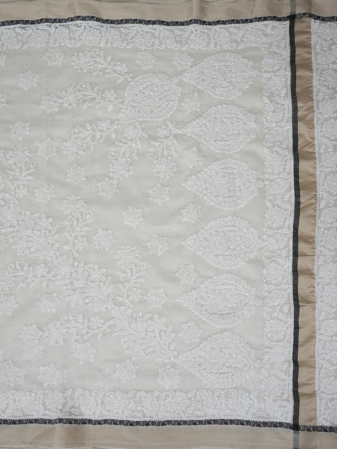 Ada Hand Embroidered Cream Chanderi Lucknowi Chikankari Saree With Blouse 01A863331