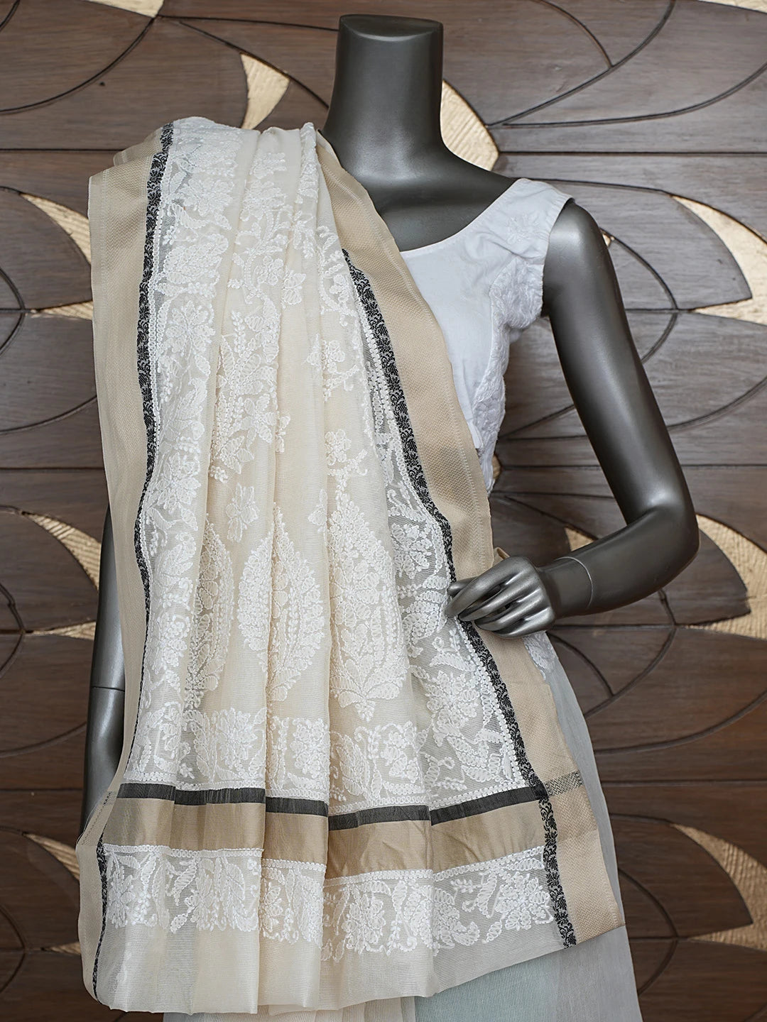 Ada Hand Embroidered Cream Chanderi Lucknowi Chikankari Saree With Blouse 01A863331