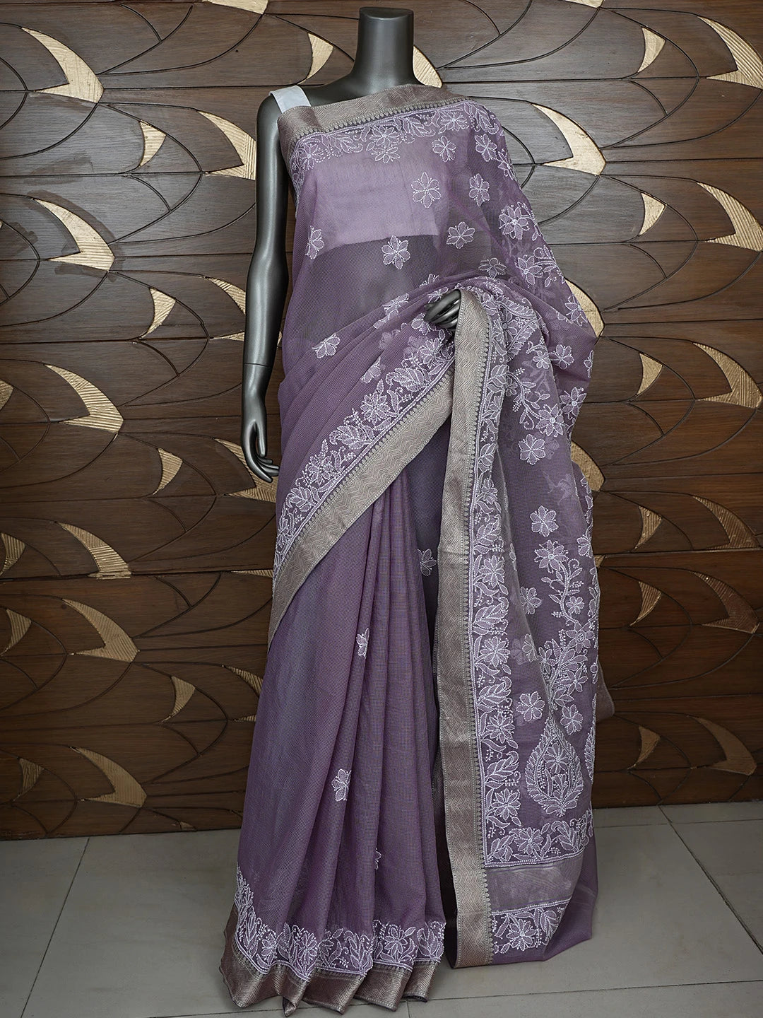 Ada Hand Embroidered Mauve Chanderi Lucknowi Chikankari Saree With Blouse 01A863329