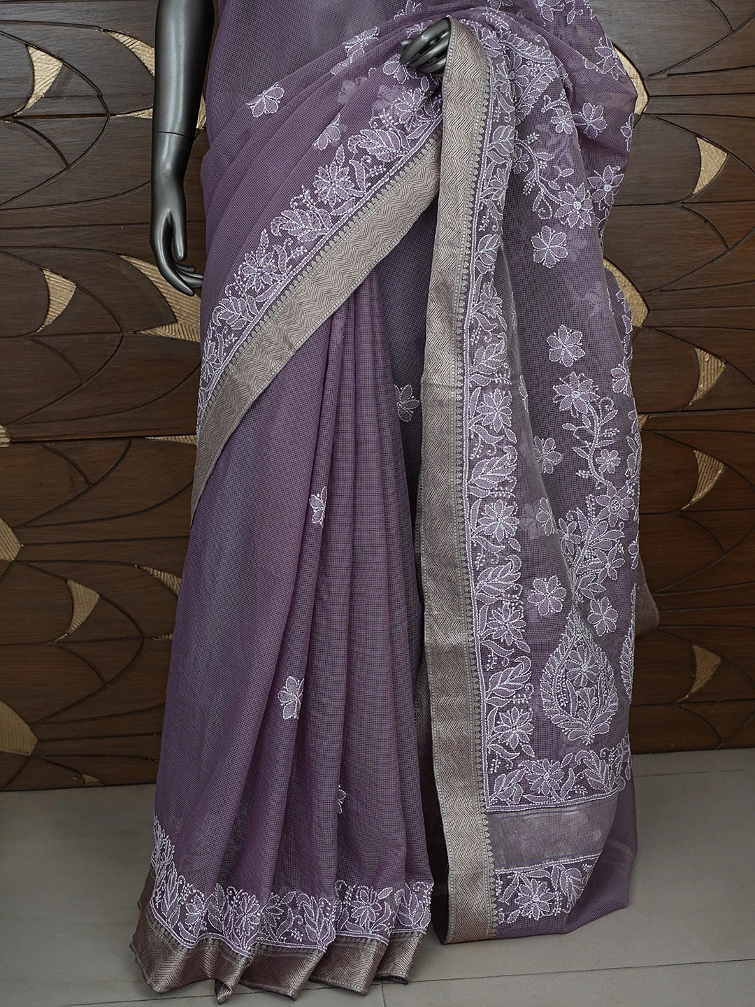 Ada Hand Embroidered Mauve Chanderi Lucknowi Chikankari Saree With Blouse 01A863329