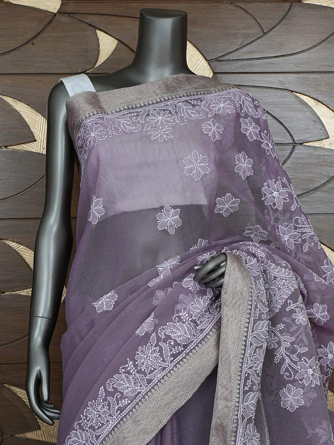 Ada Hand Embroidered Mauve Chanderi Lucknowi Chikankari Saree With Blouse 01A863329