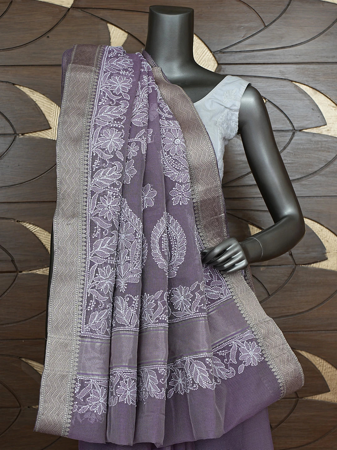 Ada Hand Embroidered Mauve Chanderi Lucknowi Chikankari Saree With Blouse 01A863329