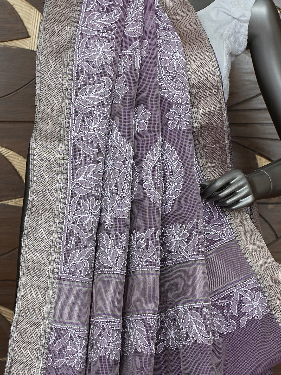 Ada Hand Embroidered Mauve Chanderi Lucknowi Chikankari Saree With Blouse 01A863329