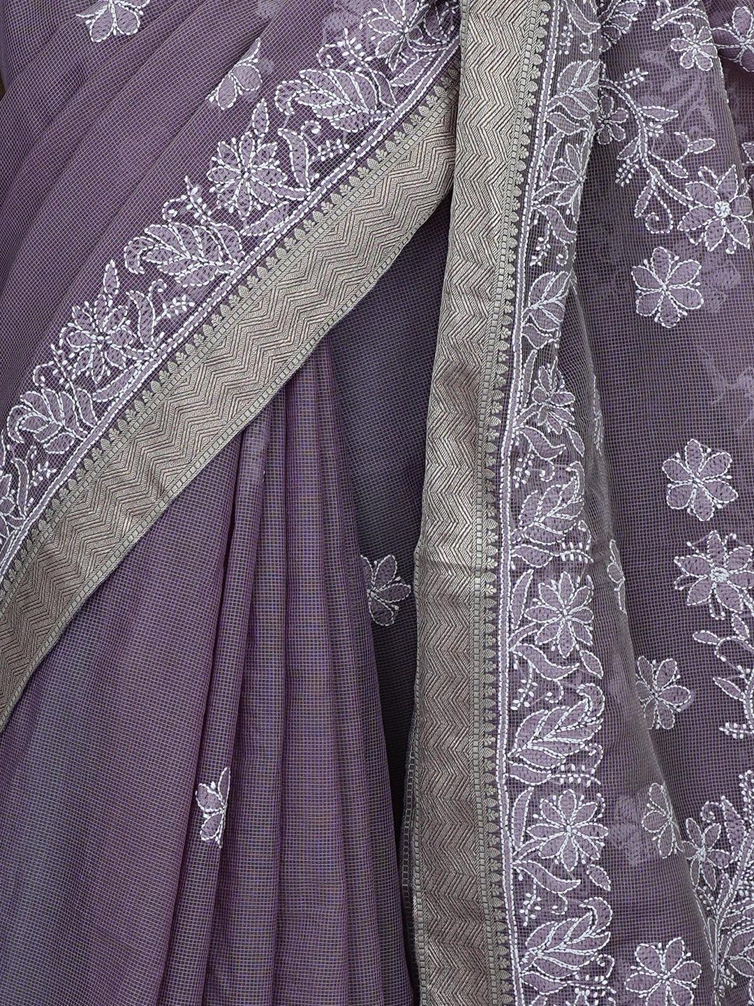Ada Hand Embroidered Mauve Chanderi Lucknowi Chikankari Saree With Blouse 01A863329