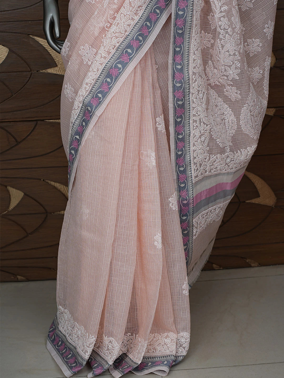 Ada Hand Embroidered Peach Chanderi Lucknowi Chikankari Saree With Blouse 01A863337