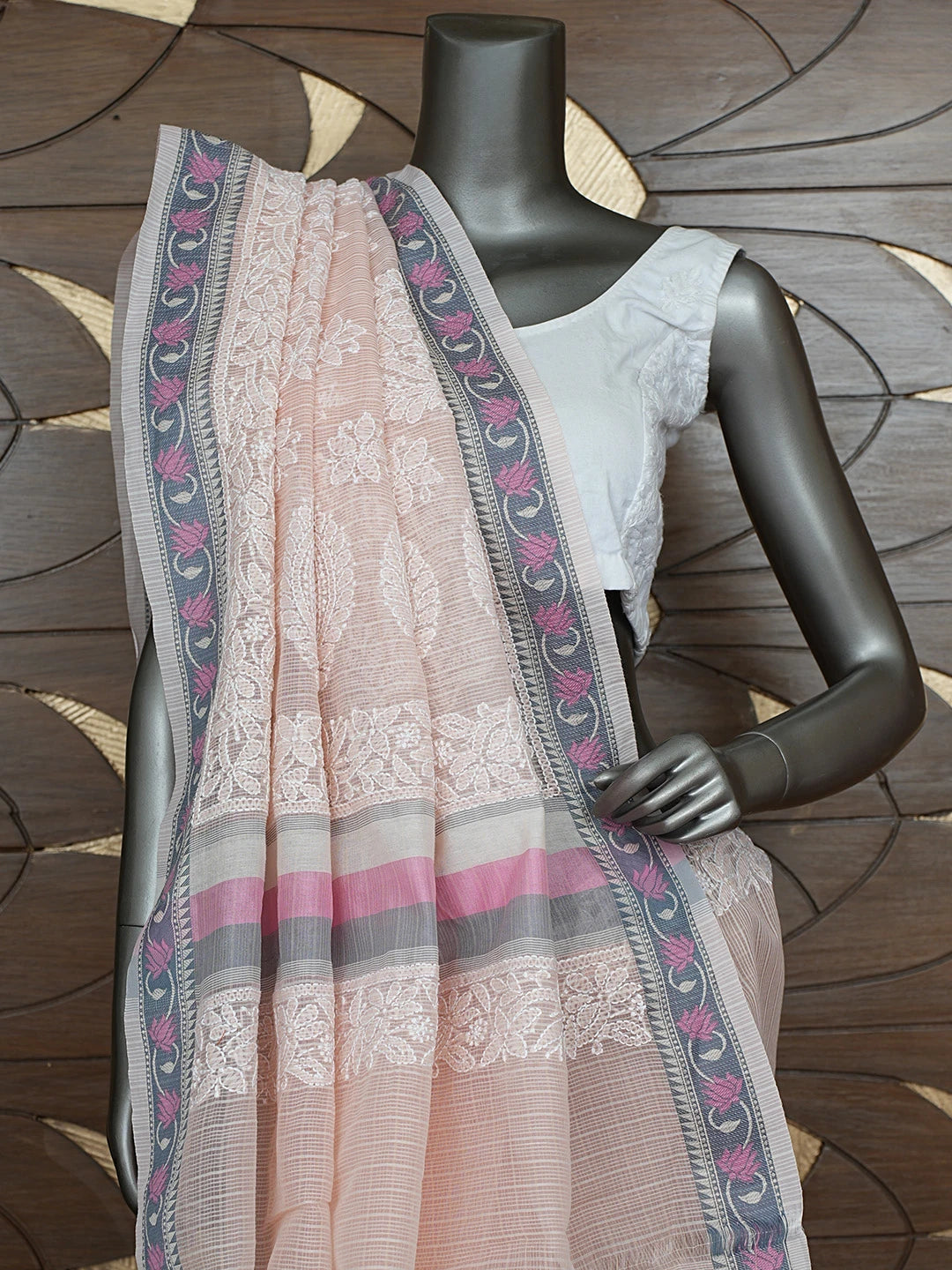 Ada Hand Embroidered Peach Chanderi Lucknowi Chikankari Saree With Blouse 01A863337