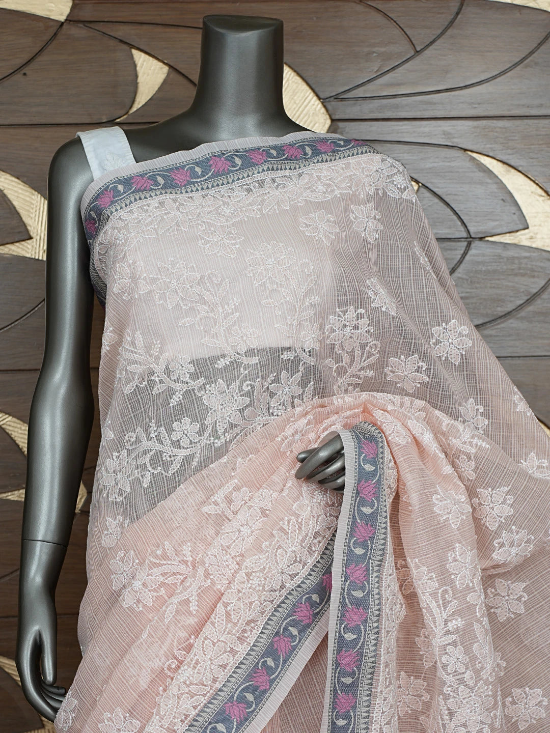 Ada Hand Embroidered Peach Chanderi Lucknowi Chikankari Saree With Blouse 01A863337