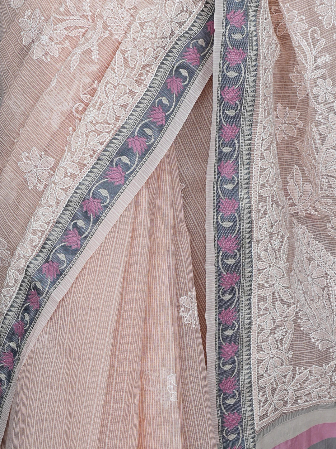 Ada Hand Embroidered Peach Chanderi Lucknowi Chikankari Saree With Blouse 01A863337