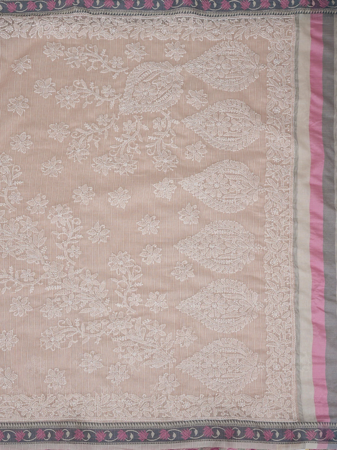 Ada Hand Embroidered Peach Chanderi Lucknowi Chikankari Saree With Blouse 01A863337