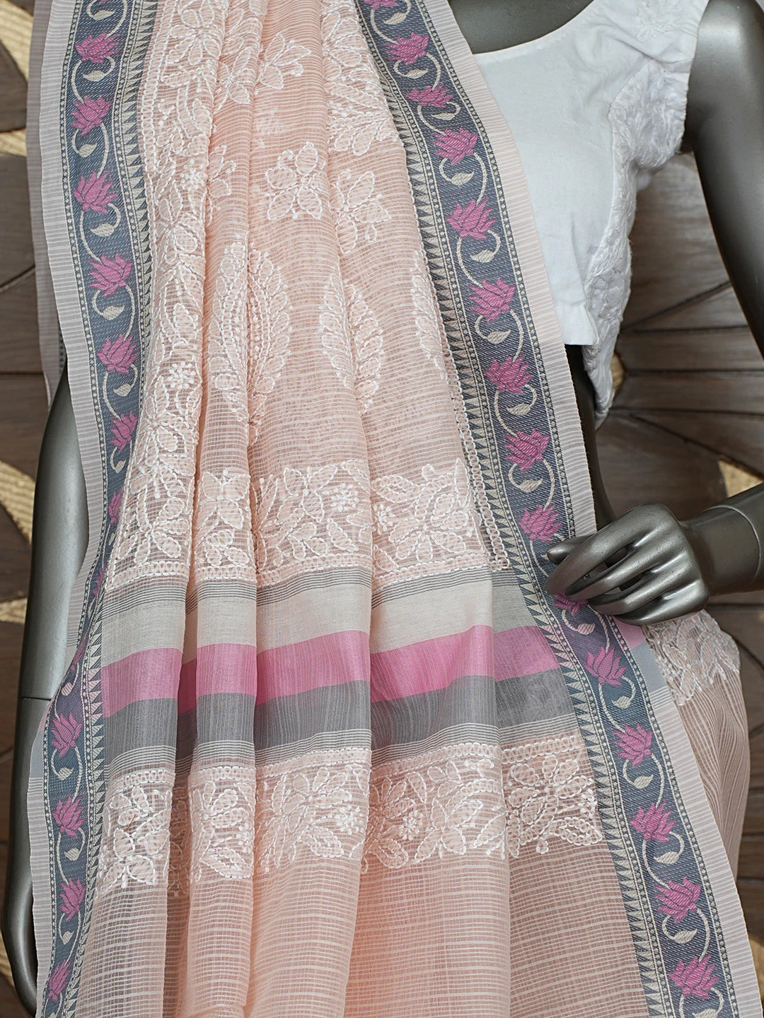 Ada Hand Embroidered Peach Chanderi Lucknowi Chikankari Saree With Blouse 01A863337