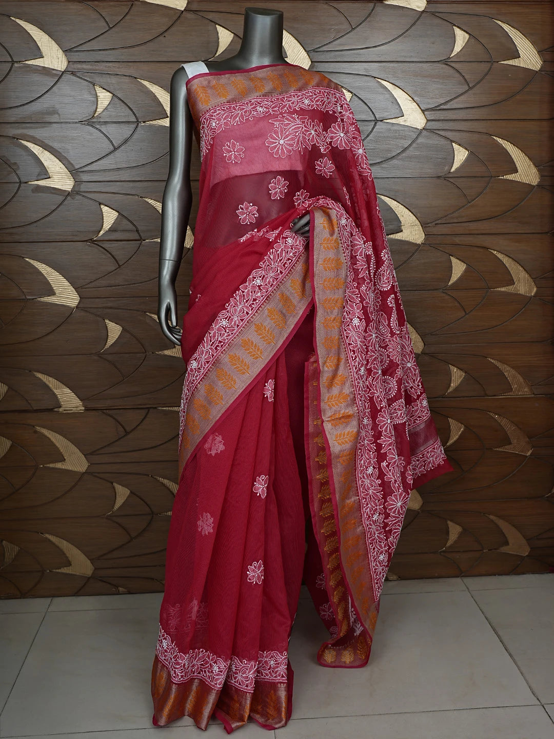 Ada Hand Embroidered Red Chanderi Lucknowi Chikankari Saree With Blouse 01A863343