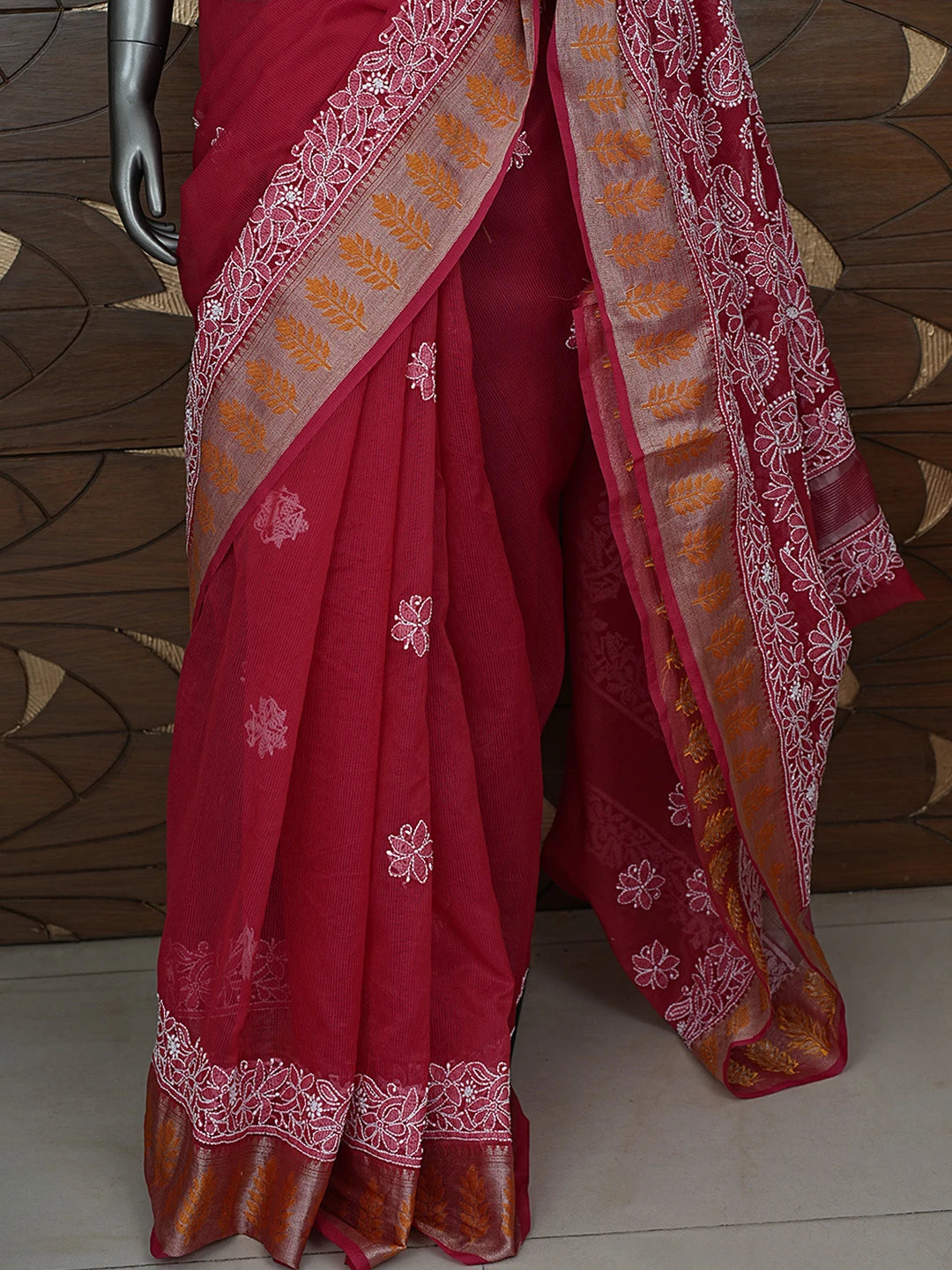 Ada Hand Embroidered Red Chanderi Lucknowi Chikankari Saree With Blouse 01A863343