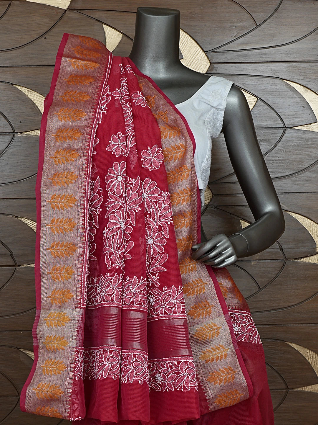 Ada Hand Embroidered Red Chanderi Lucknowi Chikankari Saree With Blouse 01A863343