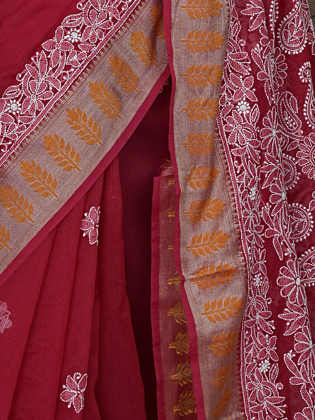 Ada Hand Embroidered Red Chanderi Lucknowi Chikankari Saree With Blouse 01A863343