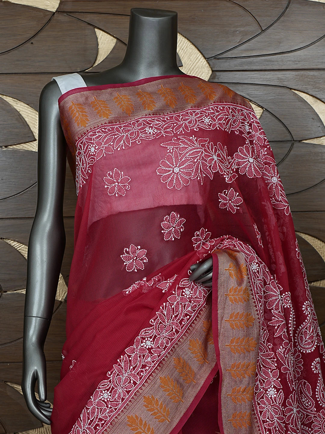 Ada Hand Embroidered Red Chanderi Lucknowi Chikankari Saree With Blouse 01A863343