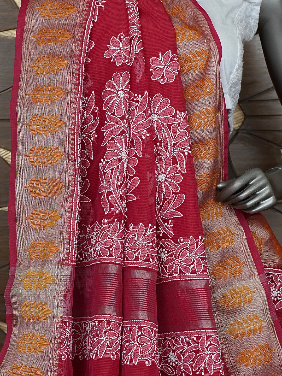 Ada Hand Embroidered Red Chanderi Lucknowi Chikankari Saree With Blouse 01A863343