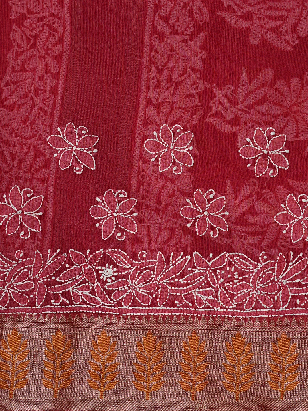 Ada Hand Embroidered Red Chanderi Lucknowi Chikankari Saree With Blouse 01A863343