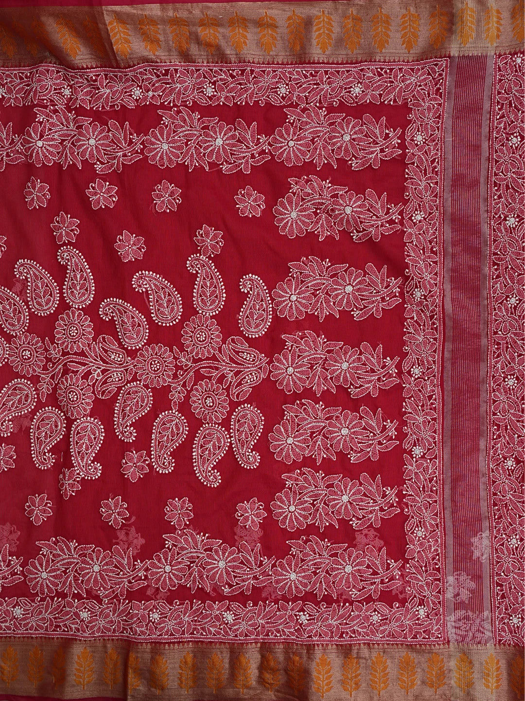 Ada Hand Embroidered Red Chanderi Lucknowi Chikankari Saree With Blouse 01A863343