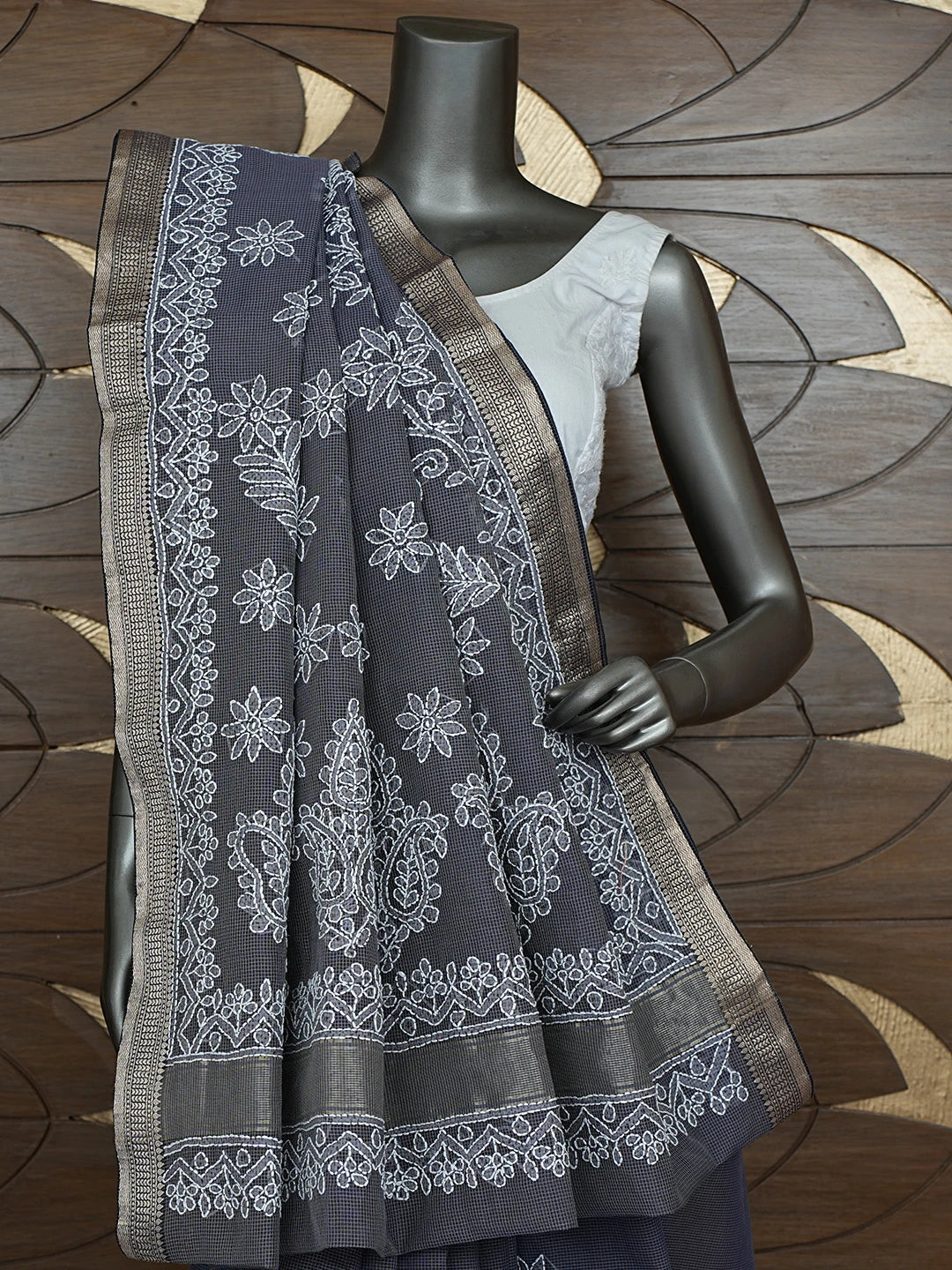 Ada Hand Embroidered Grey Chanderi Lucknowi Chikankari Saree With Blouse 01A863325