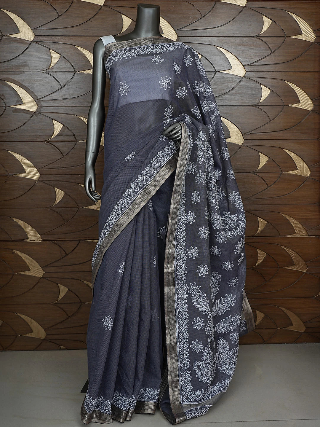 Ada Hand Embroidered Grey Chanderi Lucknowi Chikankari Saree With Blouse 01A863325