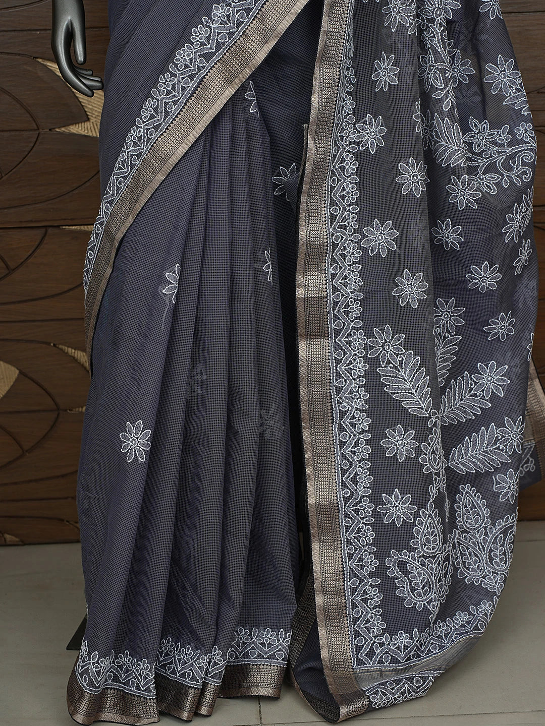 Ada Hand Embroidered Grey Chanderi Lucknowi Chikankari Saree With Blouse 01A863325