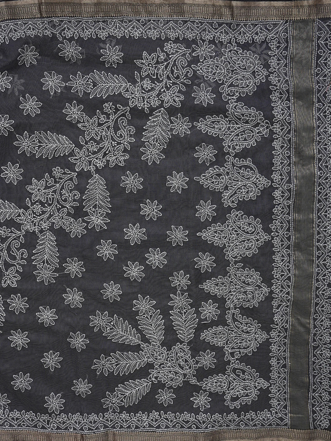 Ada Hand Embroidered Grey Chanderi Lucknowi Chikankari Saree With Blouse 01A863325