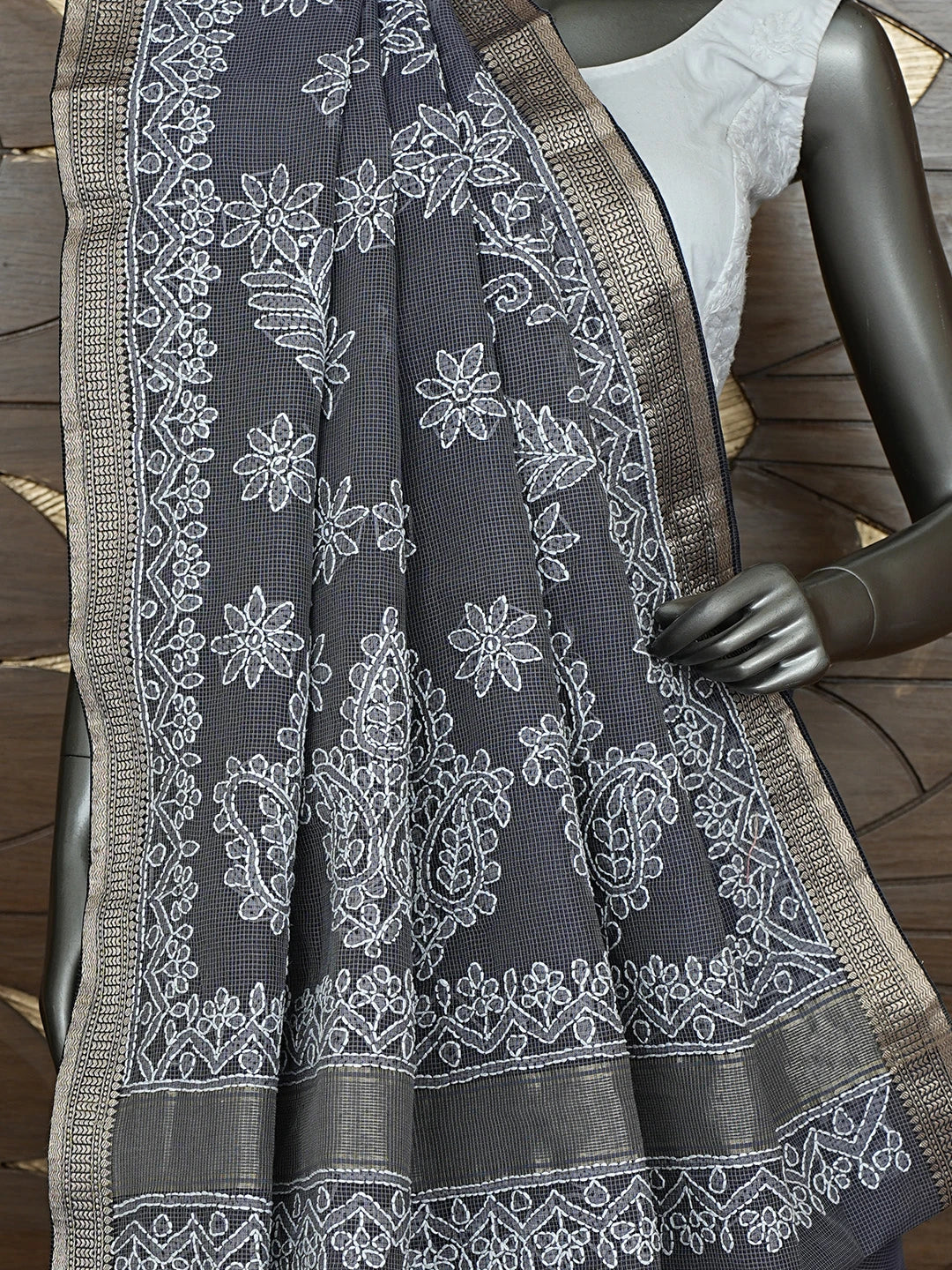 Ada Hand Embroidered Grey Chanderi Lucknowi Chikankari Saree With Blouse 01A863325