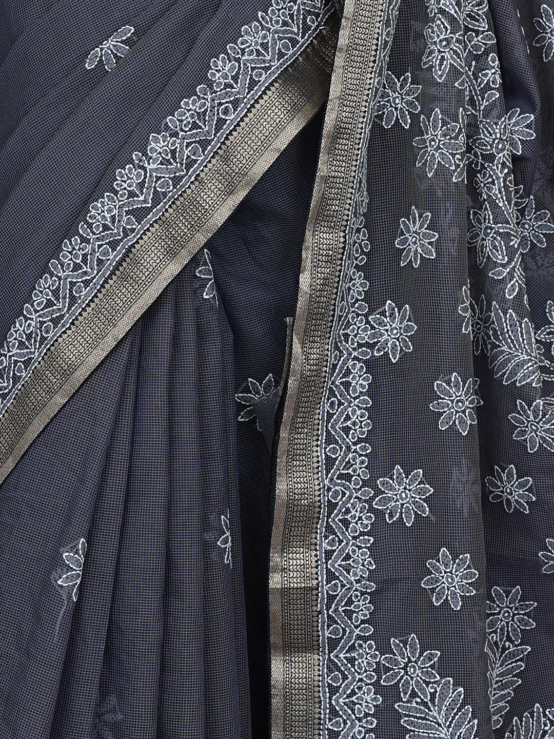 Ada Hand Embroidered Grey Chanderi Lucknowi Chikankari Saree With Blouse 01A863325