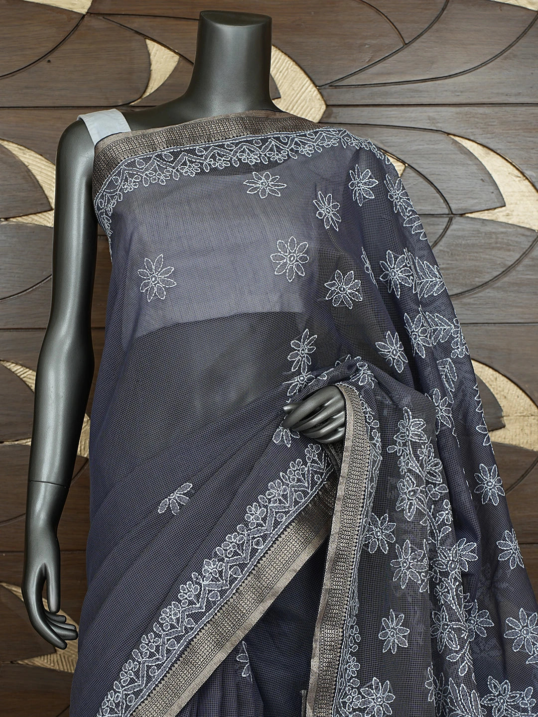 Ada Hand Embroidered Grey Chanderi Lucknowi Chikankari Saree With Blouse 01A863325