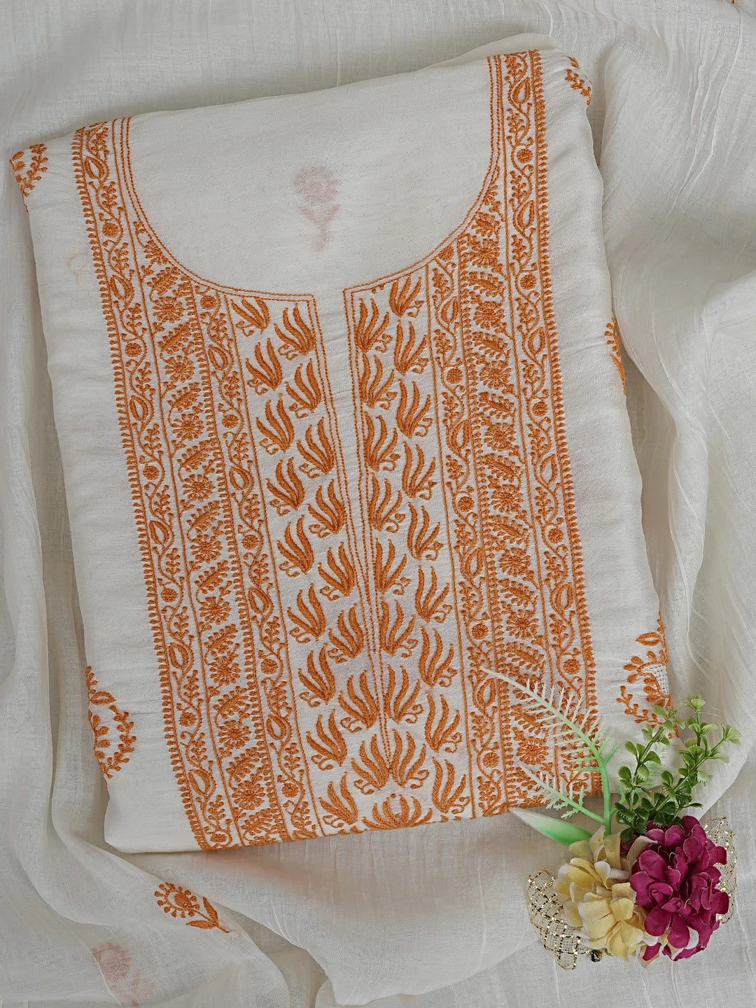 Ada Hand Embroidered White Cornsilk Chanderi Lucknowi Chikankari Unstitched Kurta Dupatta Set 01A752333