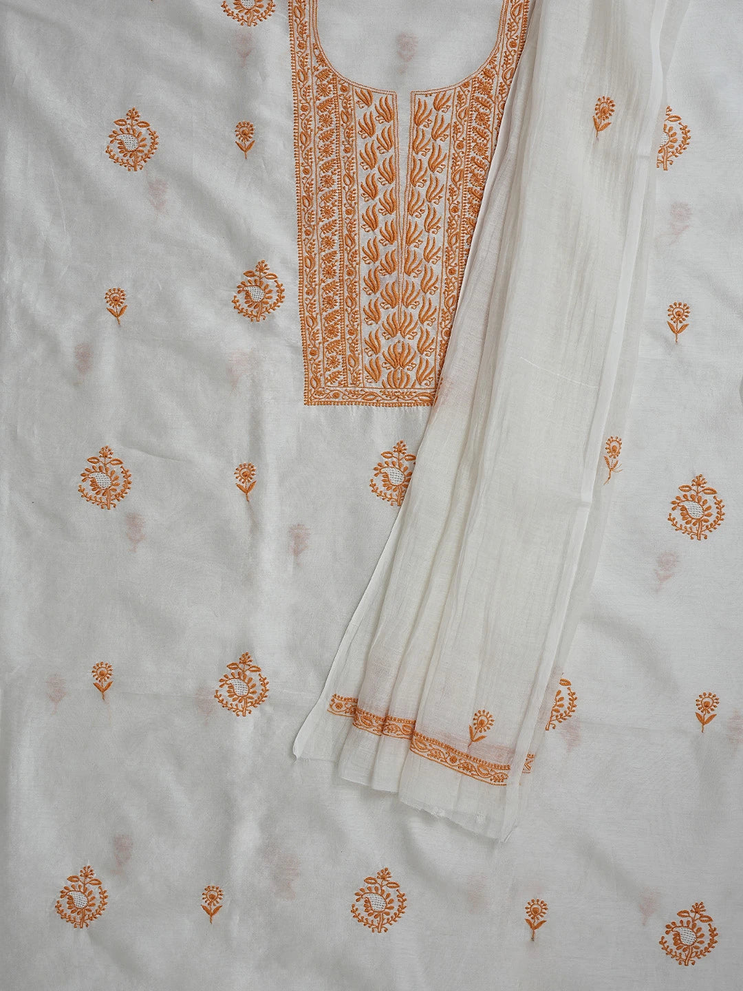 Ada Hand Embroidered White Cornsilk Chanderi Lucknowi Chikankari Unstitched Kurta Dupatta Set 01A752333