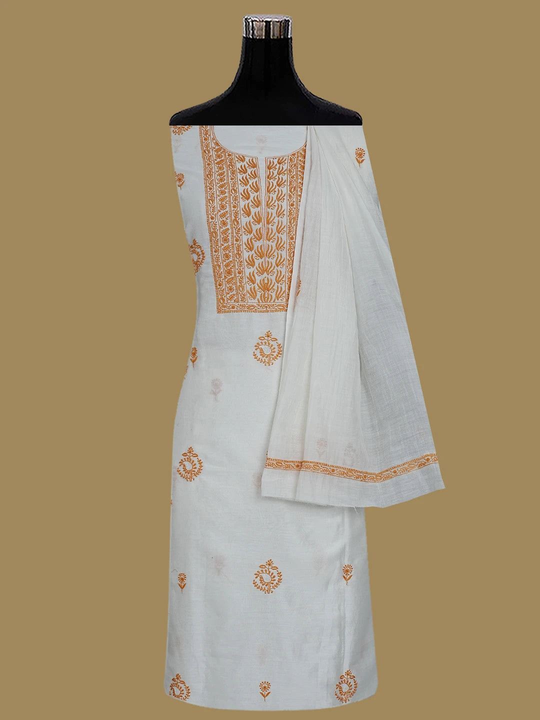 Ada Hand Embroidered White Cornsilk Chanderi Lucknowi Chikankari Unstitched Kurta Dupatta Set 01A752333