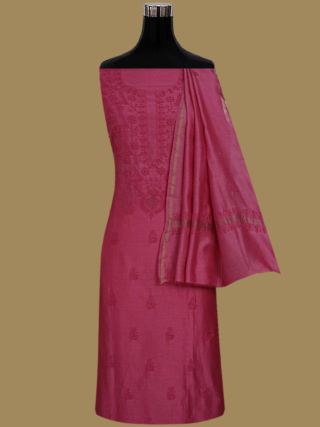 Ada Hand Embroidered Amaranth Purple Chanderi Lucknowi Chikankari Unstitched Kurta Dupatta Set 01A817036
