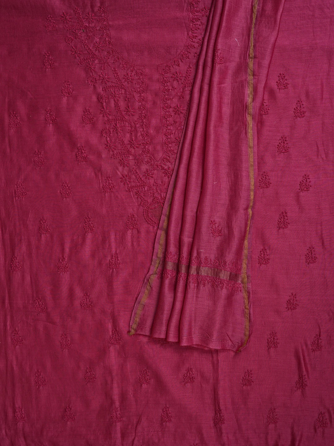 Ada Hand Embroidered Amaranth Purple Chanderi Lucknowi Chikankari Unstitched Kurta Dupatta Set 01A817036