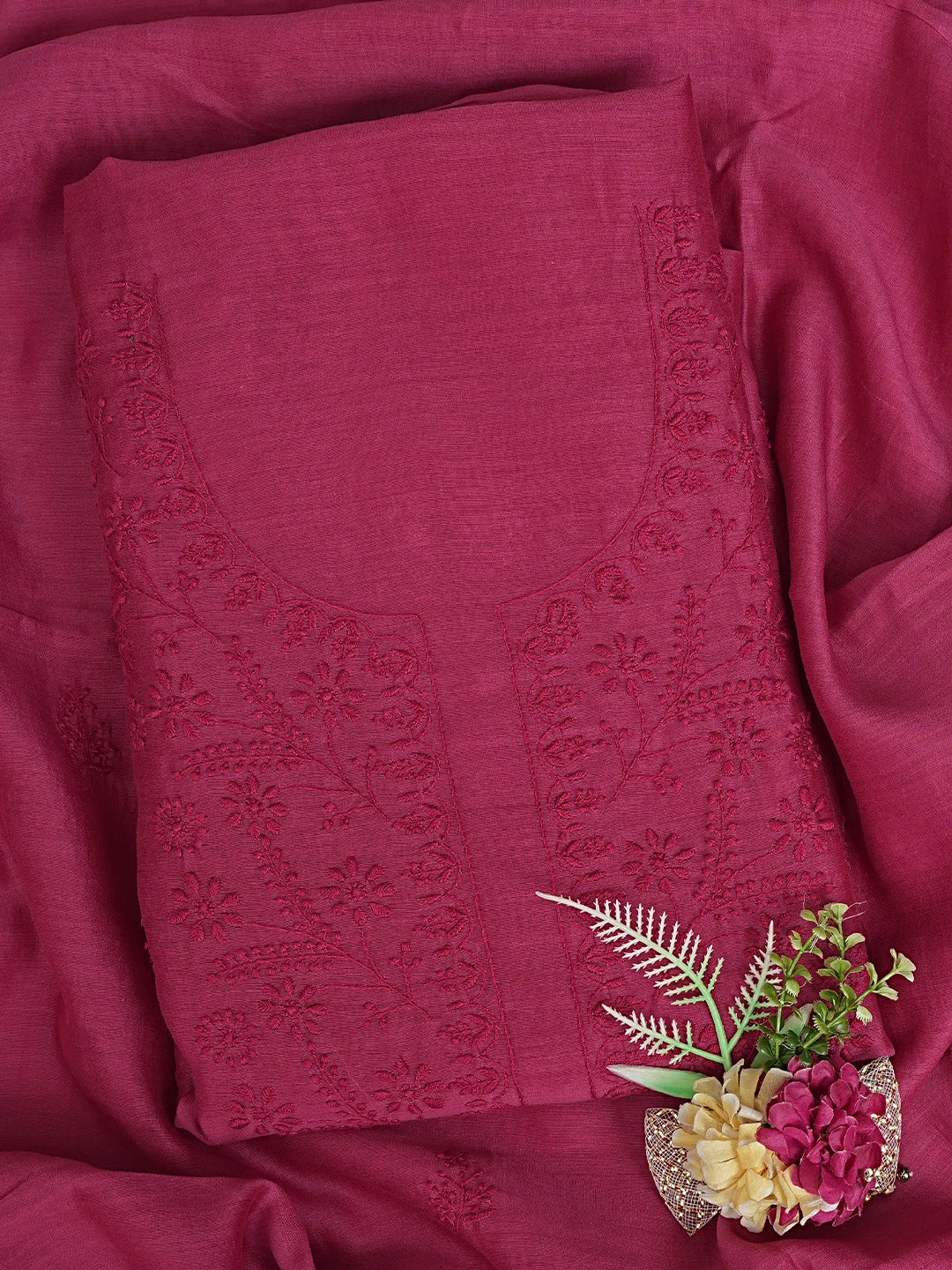 Ada Hand Embroidered Amaranth Purple Chanderi Lucknowi Chikankari Unstitched Kurta Dupatta Set 01A817036