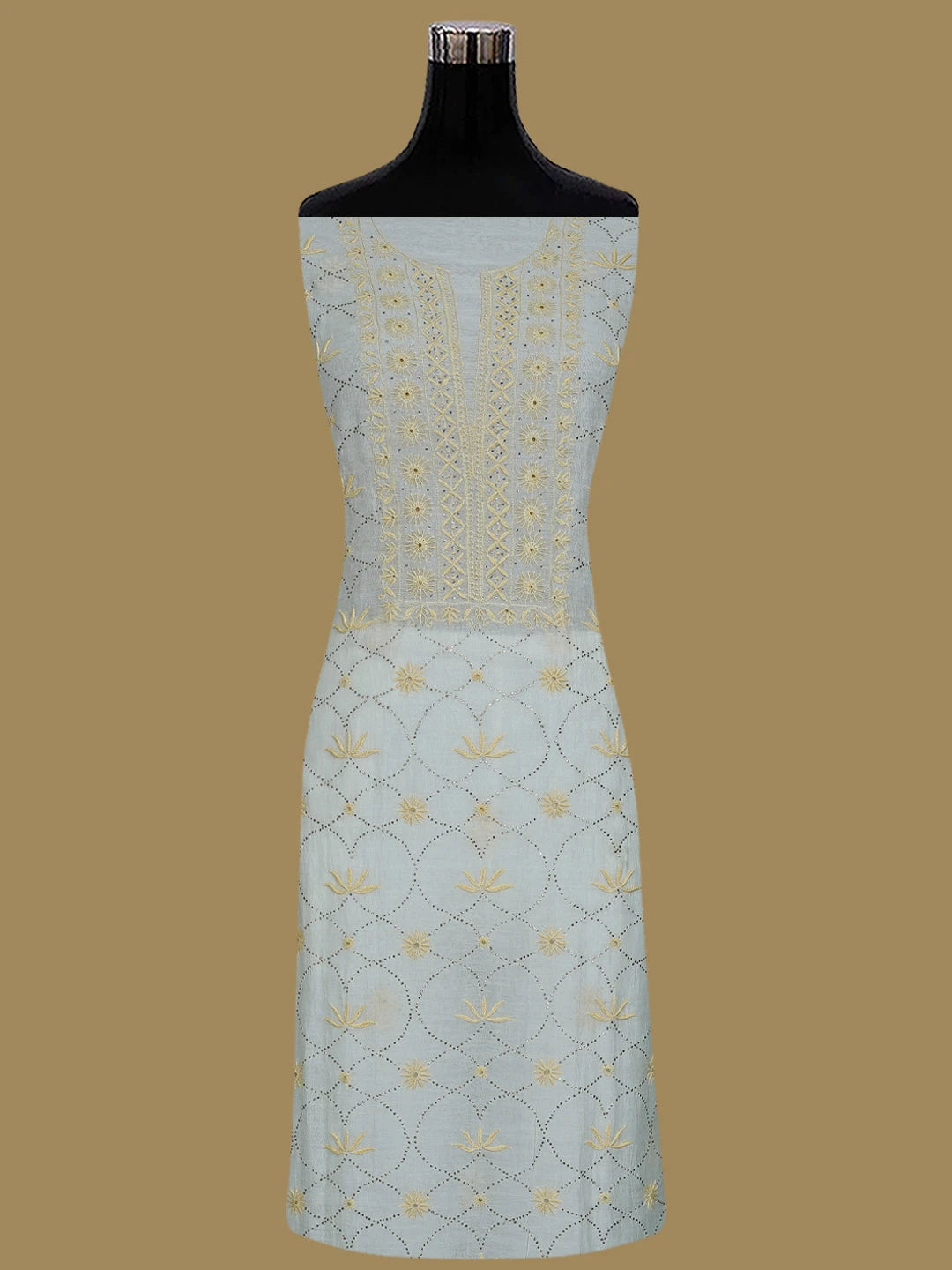 Ada Hand Embroidered Cream Chanderi Lucknowi Chikankari Unstitched Kurta Dupatta Set With Mukaish Work 01A396470