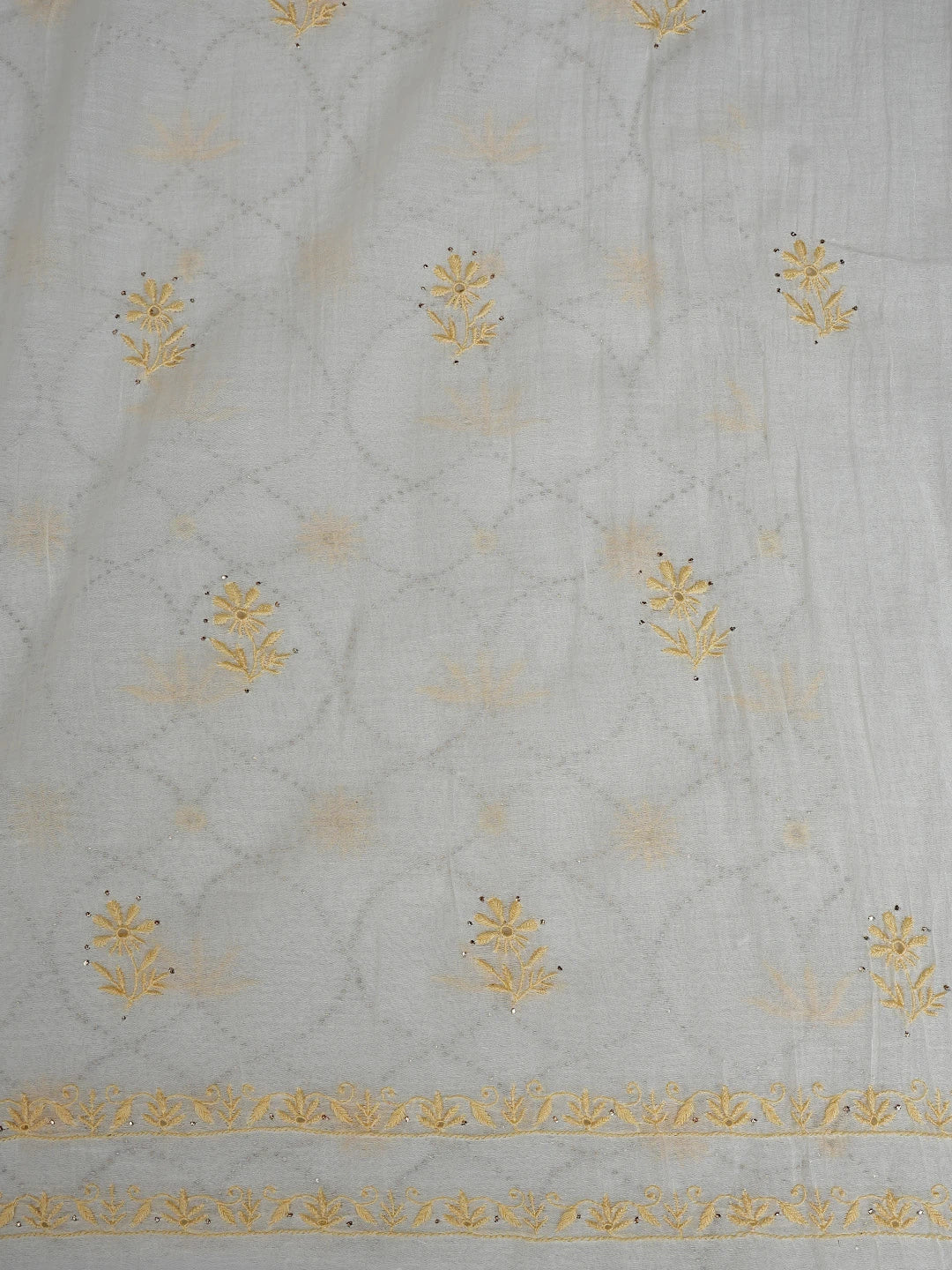 Ada Hand Embroidered Cream Chanderi Lucknowi Chikankari Unstitched Kurta Dupatta Set With Mukaish Work 01A396470