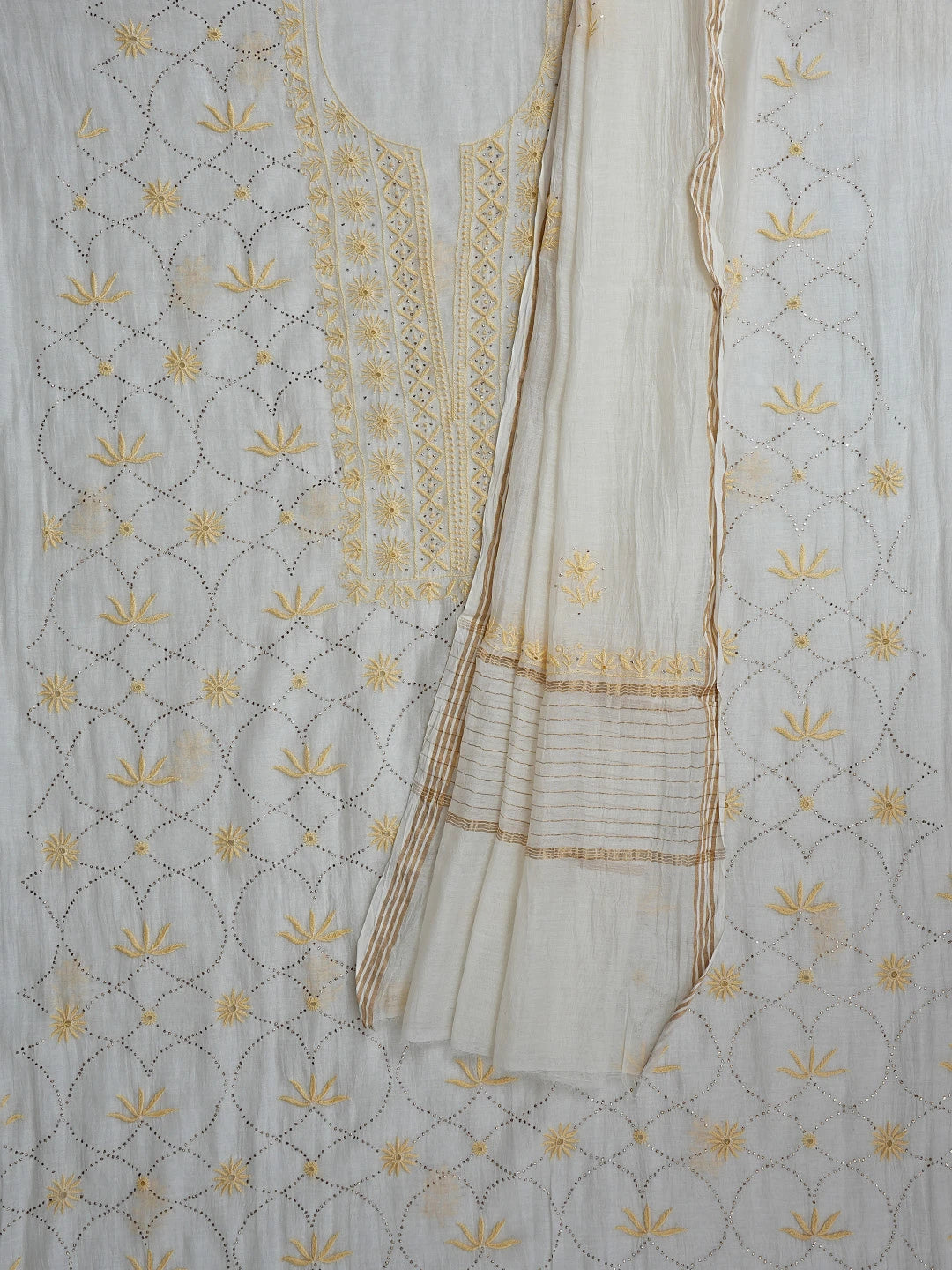 Ada Hand Embroidered Cream Chanderi Lucknowi Chikankari Unstitched Kurta Dupatta Set With Mukaish Work 01A396470