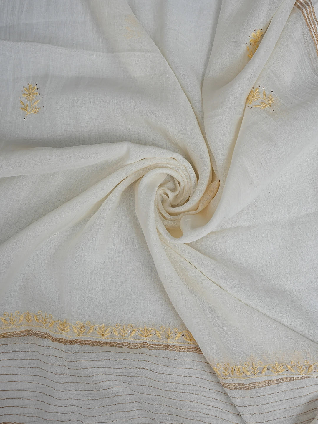 Ada Hand Embroidered Cream Chanderi Lucknowi Chikankari Unstitched Kurta Dupatta Set With Mukaish Work 01A396470