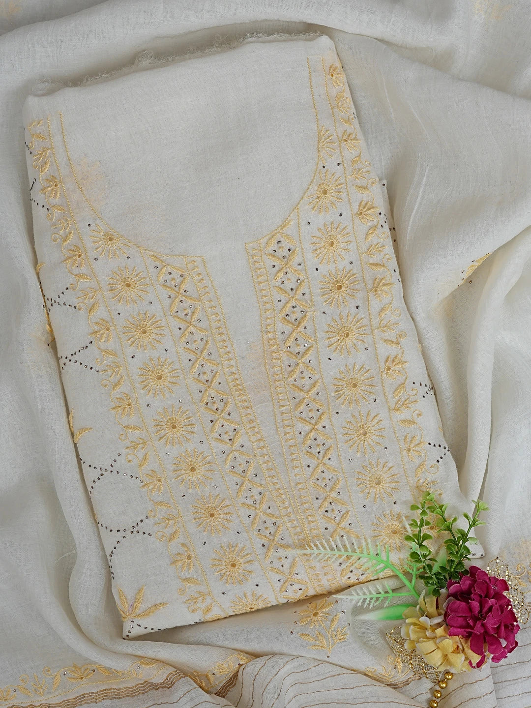 Ada Hand Embroidered Cream Chanderi Lucknowi Chikankari Unstitched Kurta Dupatta Set With Mukaish Work 01A396470