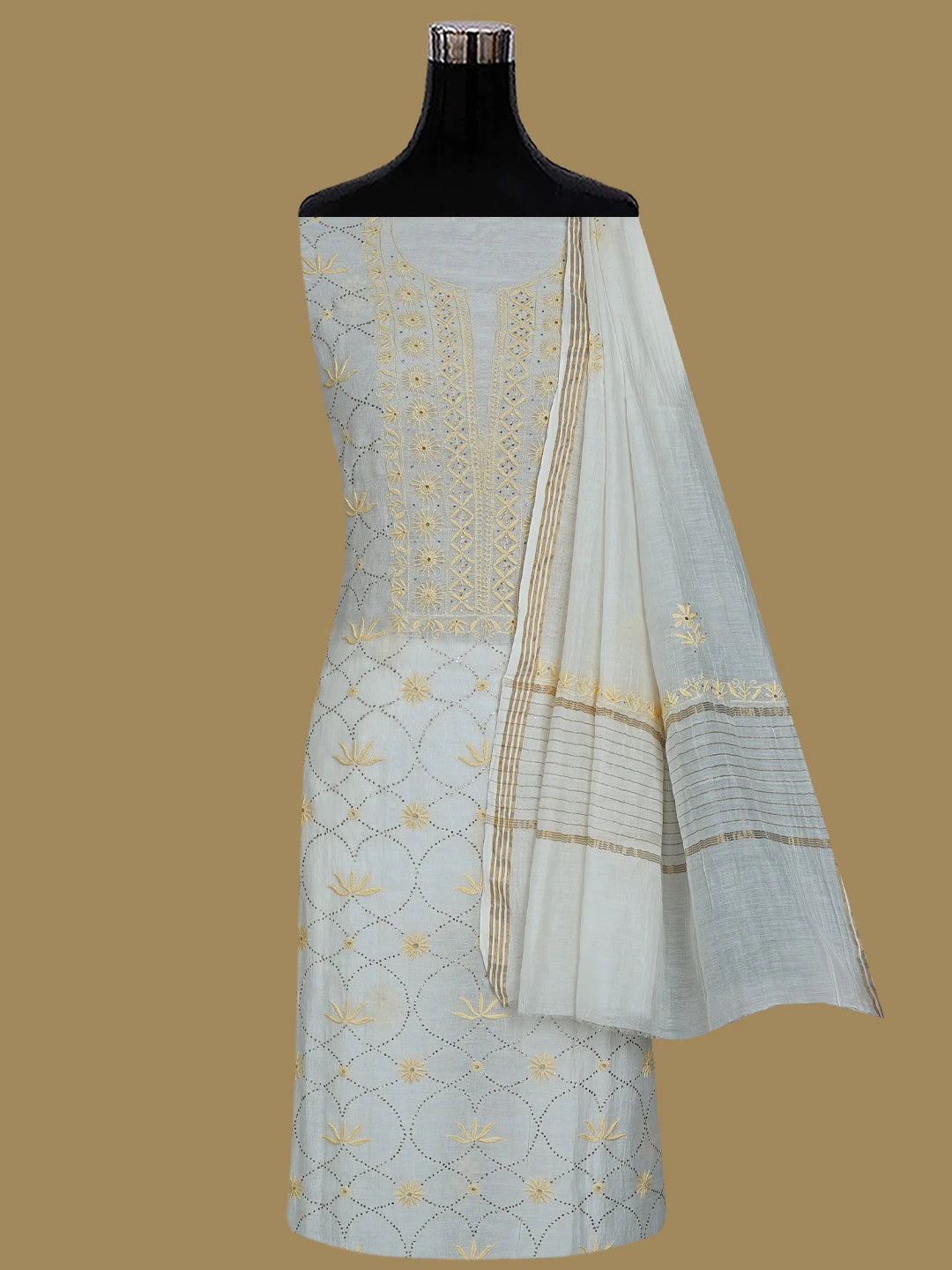 Ada Hand Embroidered Cream Chanderi Lucknowi Chikankari Unstitched Kurta Dupatta Set With Mukaish Work 01A396470