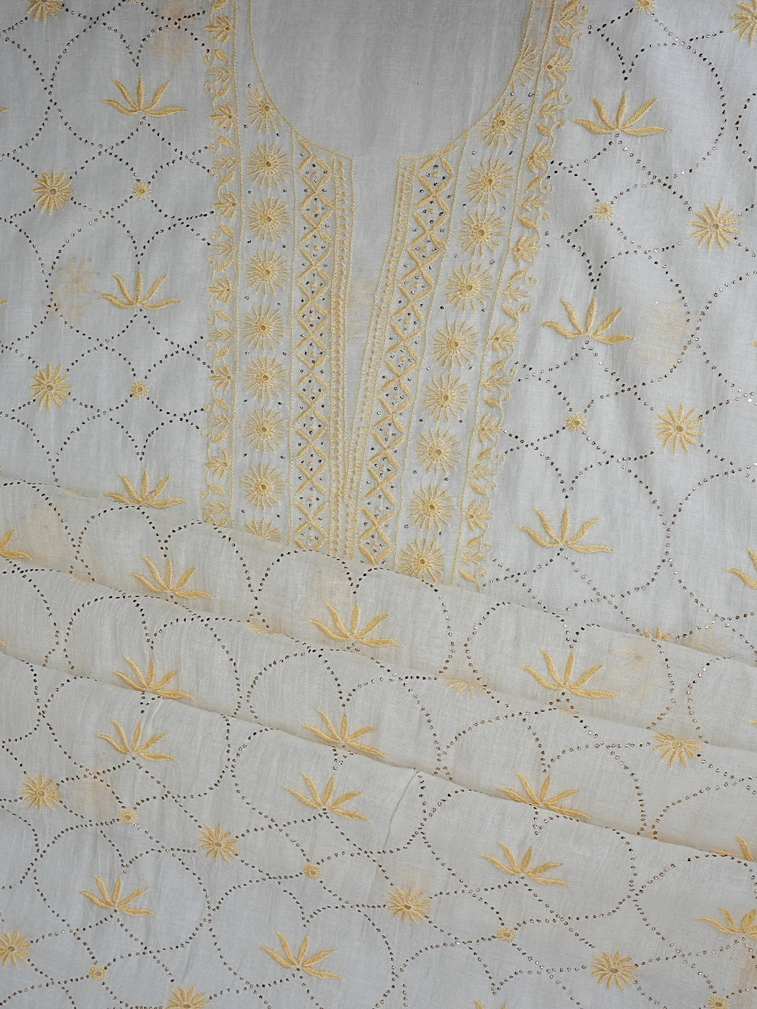 Ada Hand Embroidered Cream Chanderi Lucknowi Chikankari Unstitched Kurta Dupatta Set With Mukaish Work 01A396470