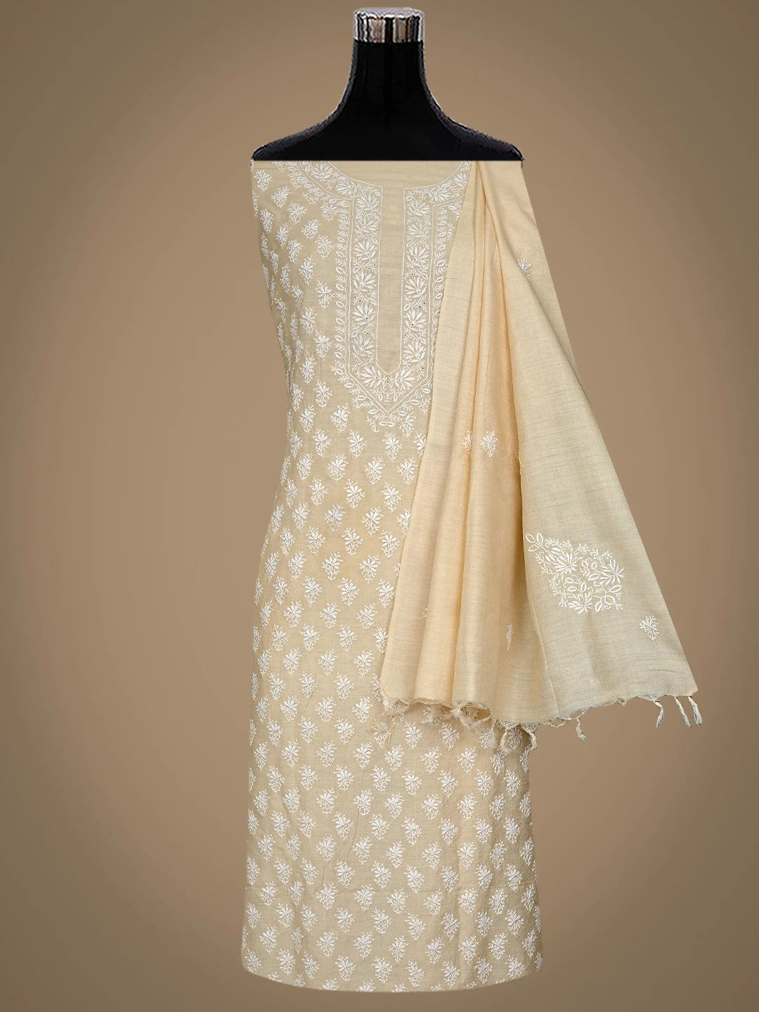 Ada Hand Embroidered Fawn Moonga Silk Lucknowi Chikankari Unstitched Kurta Dupatta Set 01A700333