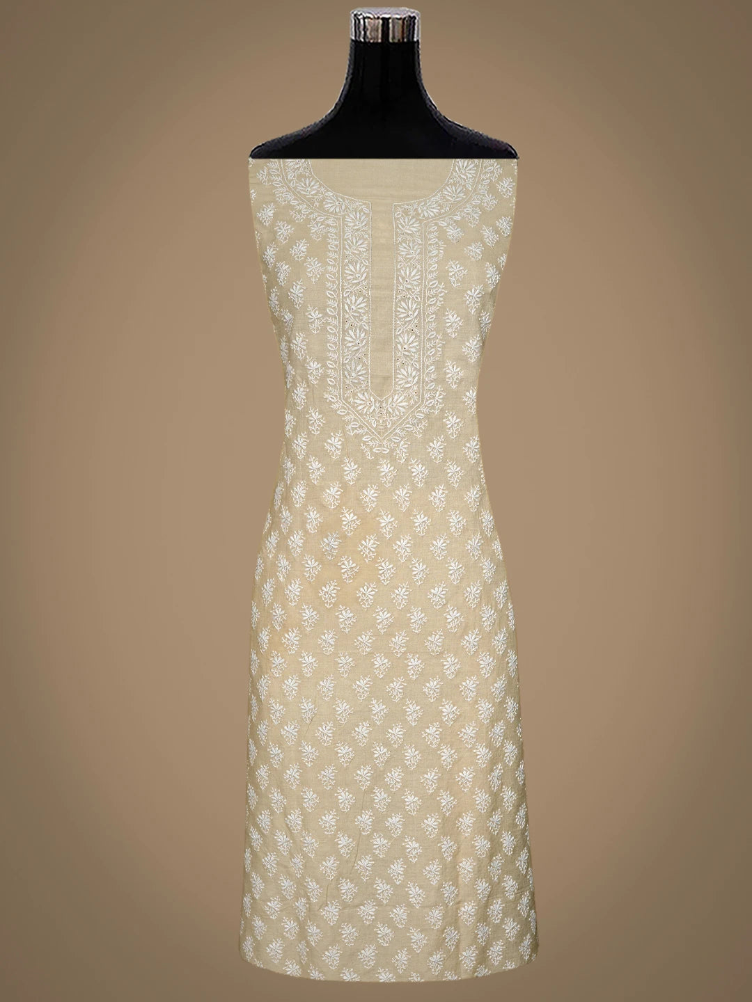 Ada Hand Embroidered Fawn Moonga Silk Lucknowi Chikankari Unstitched Kurta Dupatta Set 01A700333