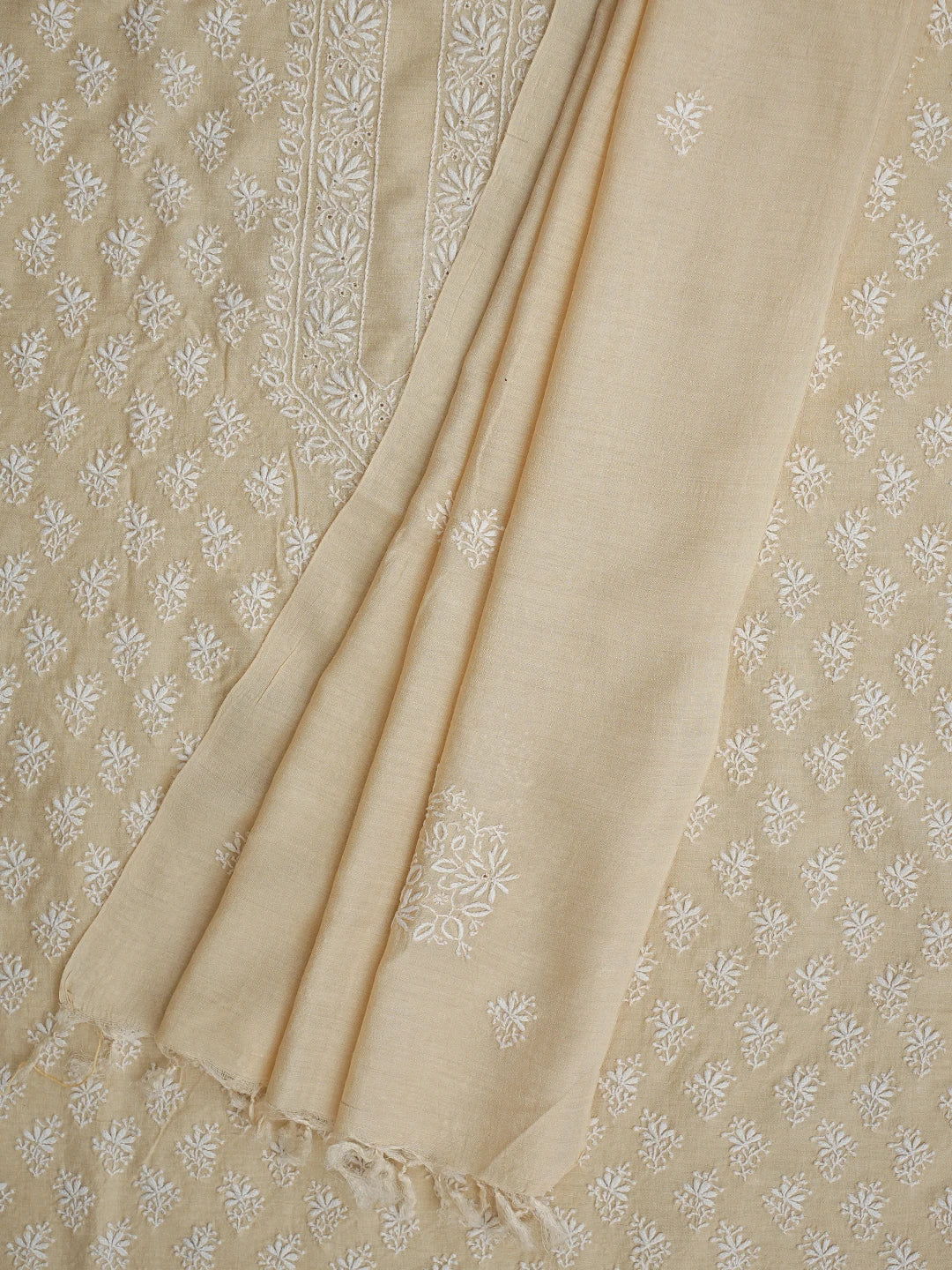 Ada Hand Embroidered Fawn Moonga Silk Lucknowi Chikankari Unstitched Kurta Dupatta Set 01A700333
