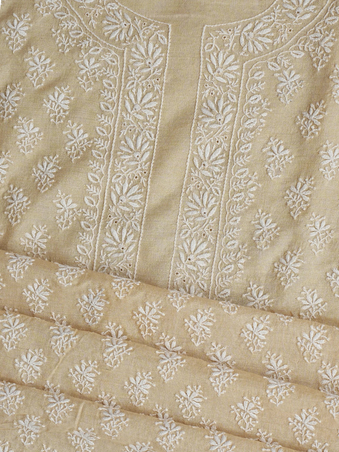 Ada Hand Embroidered Fawn Moonga Silk Lucknowi Chikankari Unstitched Kurta Dupatta Set 01A700333