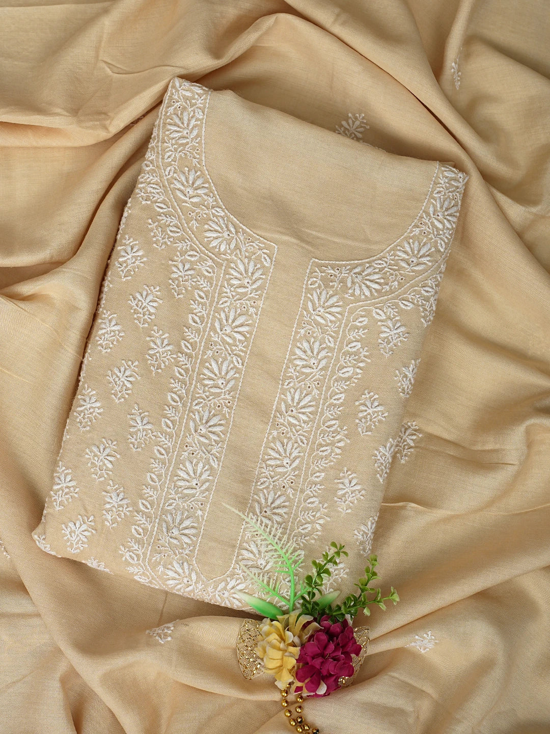 Ada Hand Embroidered Fawn Moonga Silk Lucknowi Chikankari Unstitched Kurta Dupatta Set 01A700333
